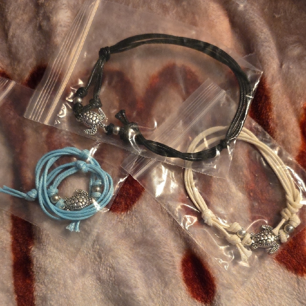 (Set Of 3 )Cream, Teal And Blacl Bohemian Turtle Charm Bracelet